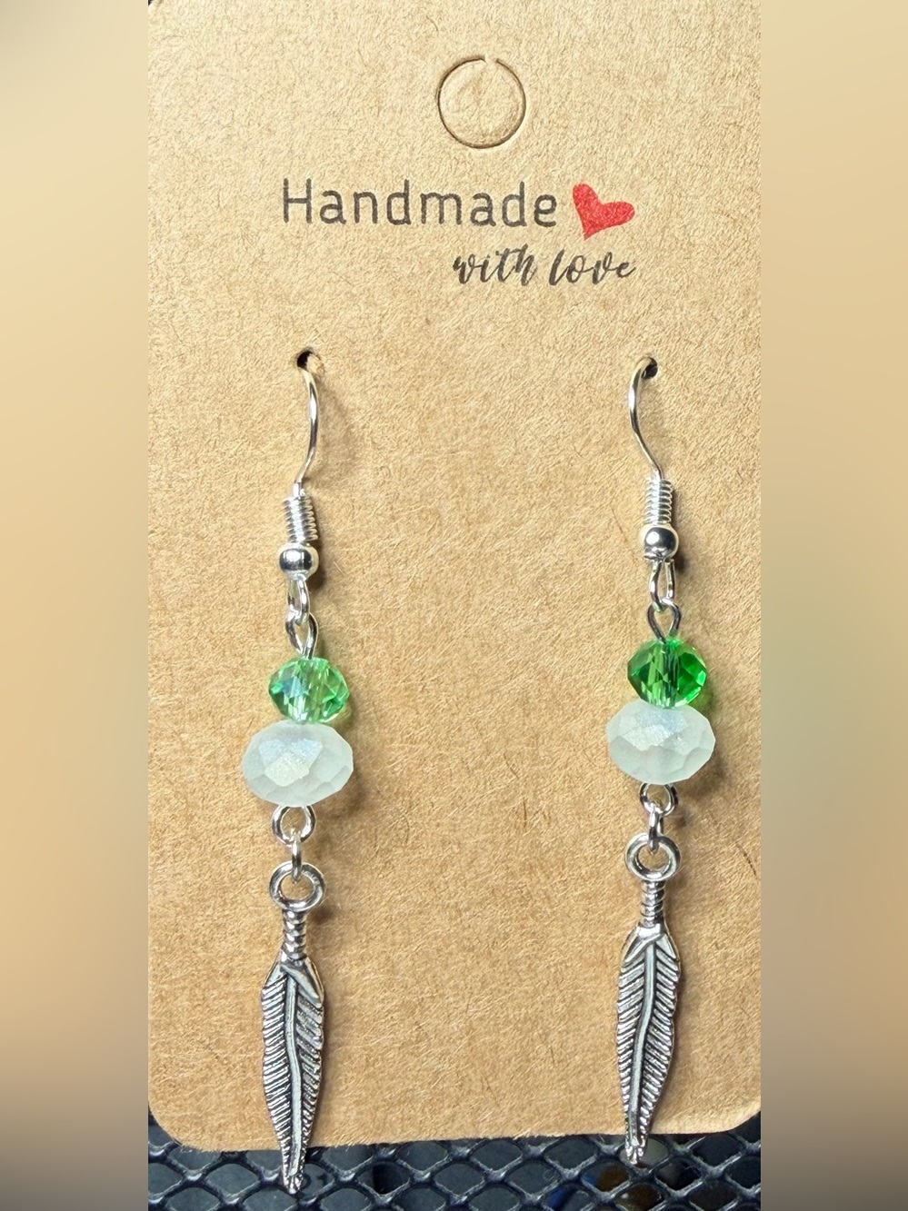 Handmade Silver Feather Drop Earrings with Green and Opal Beads